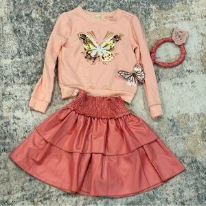 3 Piece Pink Butterfly Kids Set - Sequins Embellished Top, Skirt & Hair Band 4T